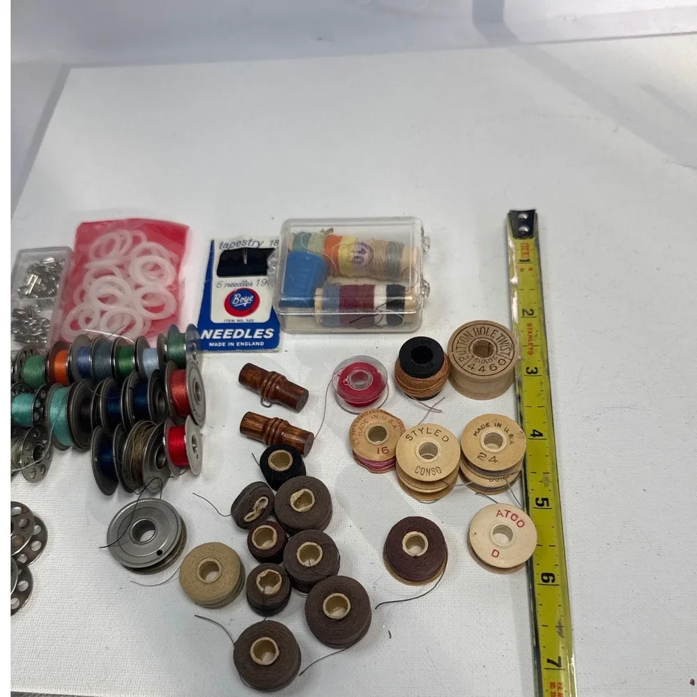 Mixed Vintage Sewing Notions Lot Wood Spools Metal Bobbins Boye Needles Multi